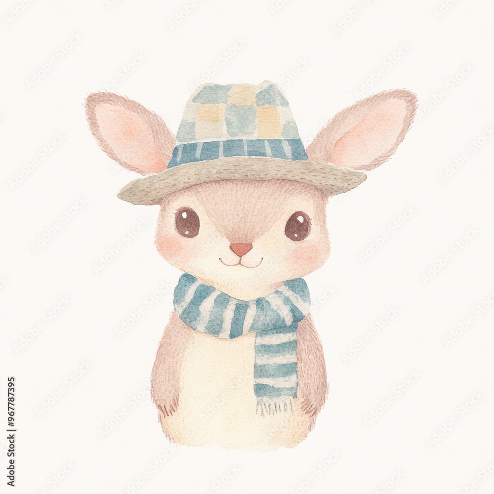 Poster cute bunny in hat and scarf.