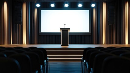 Empty stage with a lectern and large screen, prepared for a seminar, professional and clean environment