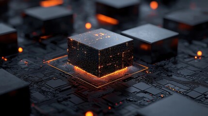 Futuristic circuit board with glowing elements, showcasing technology and innovation in a digital world.