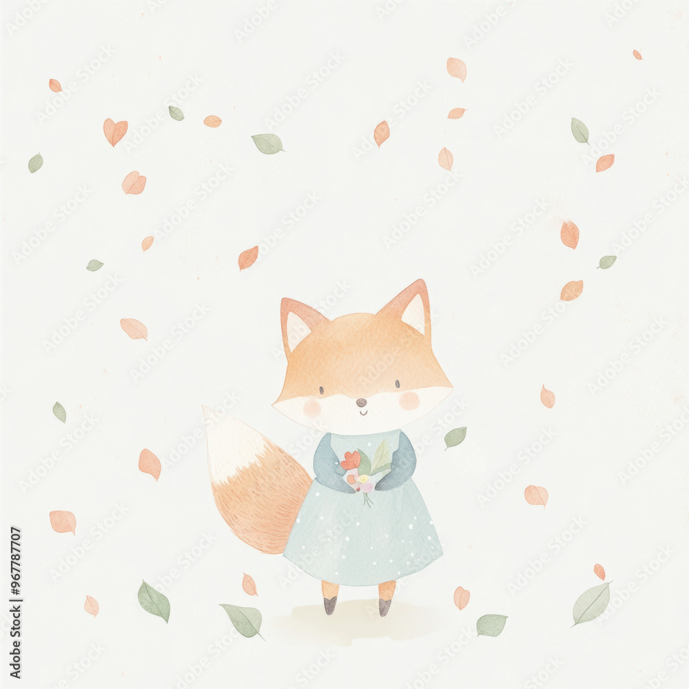 Poster cute fox with flowers.