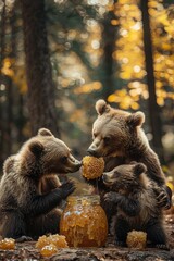 Fototapeta premium bear eats honey Selective focus