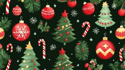 A seamless pattern featuring Christmas trees, ornaments, and candy canes in traditional red and green, ideal for festive projects