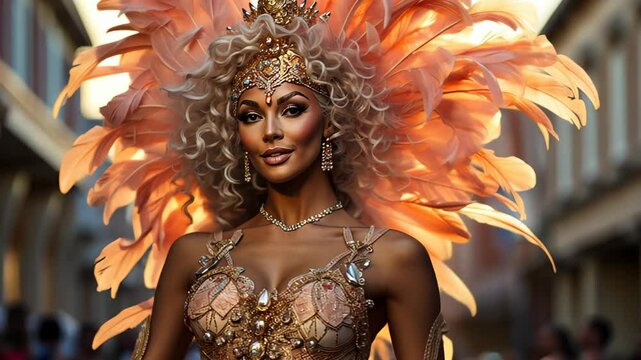 Stunning woman performer in elaborate costume showcases vibrant feathers during parade in a lively city