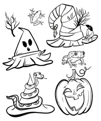 hand drawn illustration of a line Halloween hats. Black and white. Hand draw illustration for sublimation t-shirt, pillow, mug. 