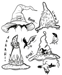 hand drawn illustration of a line Halloween hats. Black and white. Hand draw illustration for sublimation t-shirt, pillow, mug. 