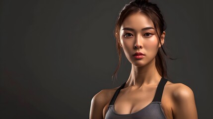 Fototapeta premium Striking Athletic Woman Posing with Ample Copy Space, Perfect for Showcasing Fitness, Wellness, and Active Lifestyle Themes in Sports and Health Marketing