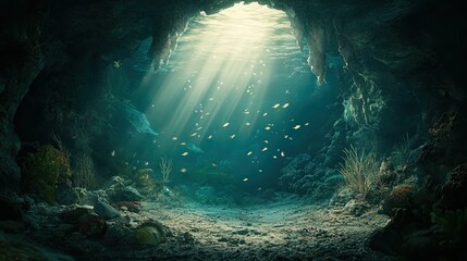 A mysterious underwater cave entrance surrounded by fish and illuminated by soft sunlight, inviting exploration.
