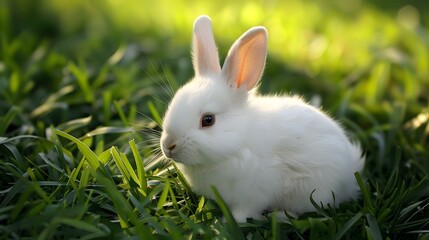 Adorable Baby White Rabbit Nestled in Lush Grass, Capturing the Sweetness of Nature and the Charm of a Newborn Bunny in its Natural Habitat