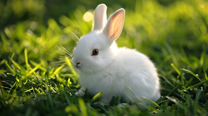 Adorable Baby White Rabbit Nestled in Lush Grass, Capturing the Sweetness of Nature and the Charm of a Newborn Bunny in its Natural Habitat