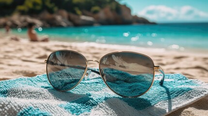 A pair of sleek aviator sunglasses resting on a beach towel, with a view of the ocean in the background.