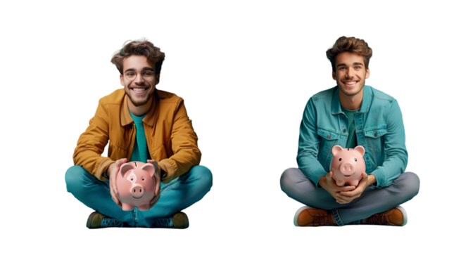 Man sitting on the floor holding a piggy bank
