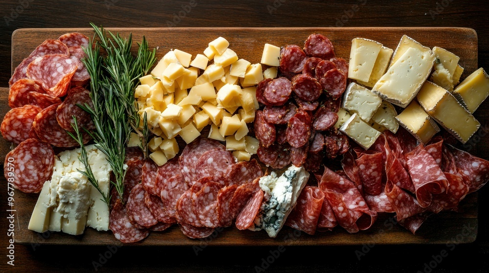 Poster A charcuterie board featuring various meats, cheeses, and herbs for sharing and enjoyment.