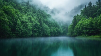 A serene lake in a dense forest, with mist rising gently off the water, inviting calm and deep introspection.