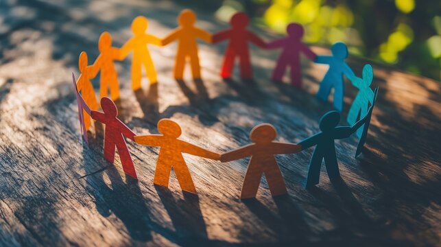 Colorful paper cutout figures forming a circle, symbolizing unity, teamwork, and community on a wooden surface.