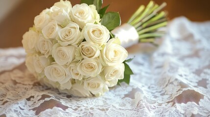 A simple yet elegant bouquet of white roses, tied with a satin ribbon, resting on a table draped in lace.