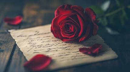 A single red rose lies on a handwritten love letter, its delicate petals softly touching the paper, symbolizing timeless romance.