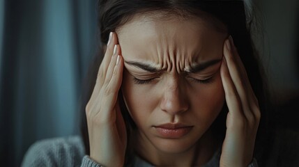 Close-up of a person holding their temples, suffering from headaches, intense focus