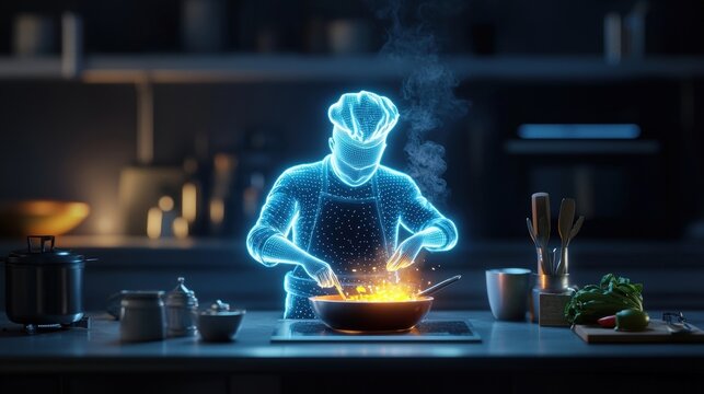 A futuristic chef cooking in a glowing holographic style, showcasing culinary skills in a modern kitchen environment.