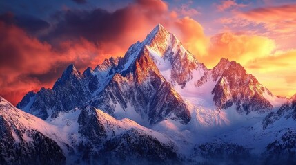 Majestic mountain range with snow-capped peaks against a dramatic sunset - Powered by Adobe