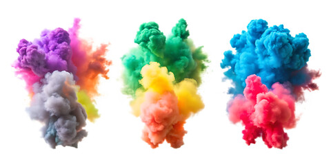  set of colorful smoke explosions PNG  white background.AI GENERATED