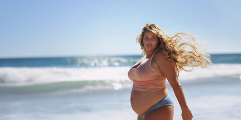 Naklejka premium Confident, curvy young woman with flowing hair posing on the beach, embracing her body and radiating self-assurance under the bright sun, with the ocean waves behind her