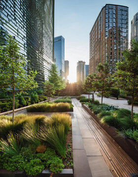 The greenery showcases a sustainable urban design with rain gardens and permeable surfaces strategically placed for managing stormwater runoff
