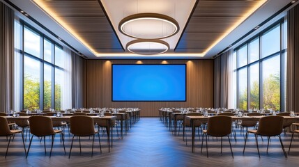 Modern conference room with a large LED screen, setup for a seminar, professional and clean environment