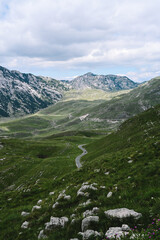 Fototapeta premium Panoramic Mountain Range and Views - Alpine style Alps in Durmitor, Montenegro - Wide Landscape Shot of epic Mountains and Roads