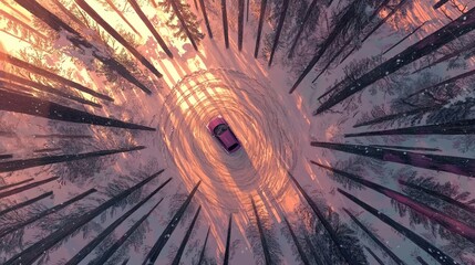 Illustrative aerial view of a red car on a snowy forest clearing, with tall trees casting long shadows in sunlight.