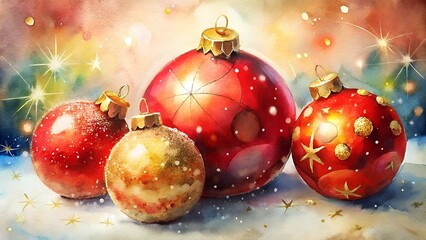 Fototapeta premium Beautiful watercolor Christmas ornaments in red and gold for festive decoration and holiday cheer