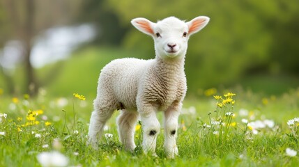 Naklejka premium Cute Lamb in a Field of Flowers