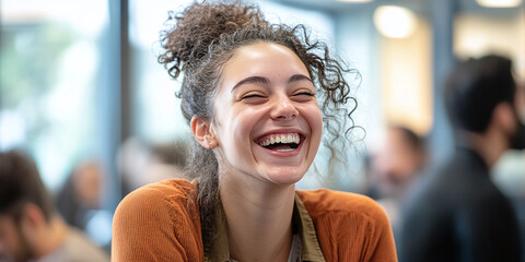 Happy female employee laughing and smiling at open office team event celebrating success or positive corporate culture