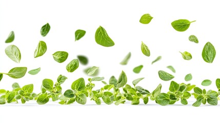 Oregano leaves falling from above, aromatic and green, mid-air capture, isolated on white