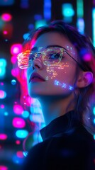 A young woman wearing glasses is surrounded by glowing data and code, creating an immersive visual experience that symbolizes the futuristic world of technology
