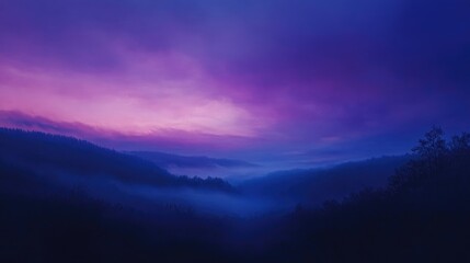 As twilight descends, the sky is suffused with deep purple and indigo hues, creating an ethereal atmosphere over a quiet landscape.