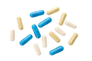 Medicine capsules and remedy pills, pharmaceutical cure, antibiotics or painkillers isolated on...