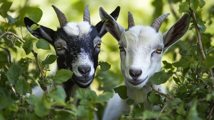 Fototapeta premium Goats browsing on fresh leaves and twigs, enjoying a natural, fiber-rich diet.