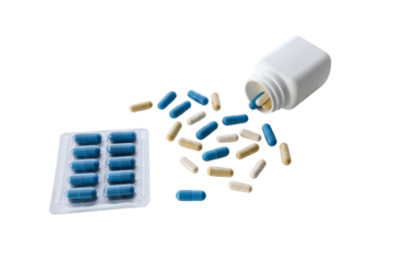 Medicine capsules in blister pack and remedy pills in bottle, pharmaceutical cure, antibiotics or painkillers isolated on transparent background