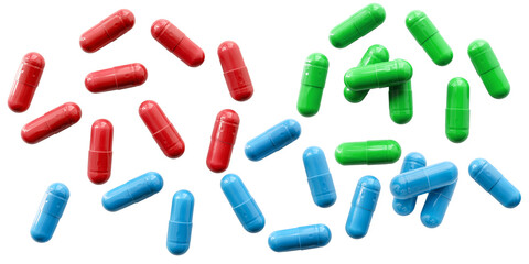Medicine capsules and remedy pills, pharmaceutical cure, antibiotics or painkillers isolated on transparent background