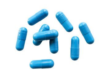 Blue medicine capsules and remedy pills, pharmaceutical cure, antibiotics or painkillers isolated on transparent  background