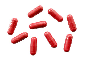 Red medicine capsules and remedy pills, pharmaceutical cure, antibiotics or painkillers isolated on transparent background
