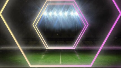 Animation of neon shapes moving over stadium - Powered by Adobe