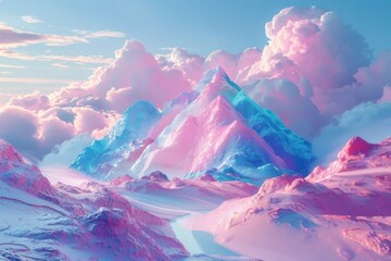 Obraz premium A surreal exploration of a vibrant, psychedelic mountain range under shifting clouds