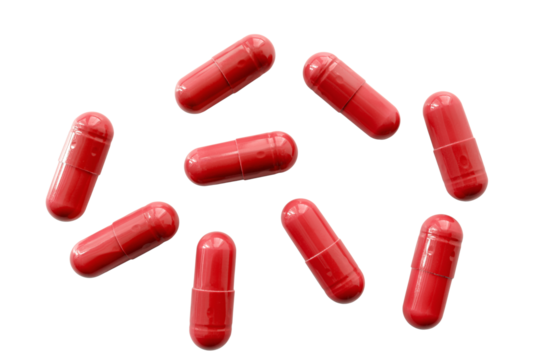 Red medicine capsules and remedy pills, pharmaceutical cure, antibiotics or painkillers isolated on transparent background