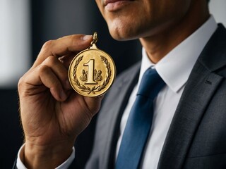 A businessman holds a golden medal, symbolizing success and corporate achievement.