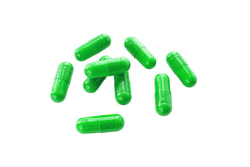 Green medicine capsules and remedy pills, pharmaceutical cure, antibiotics or painkillers isolated on transparent background