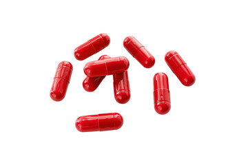 Red medicine capsules and remedy pills, pharmaceutical cure, antibiotics or painkillers isolated on transparent background