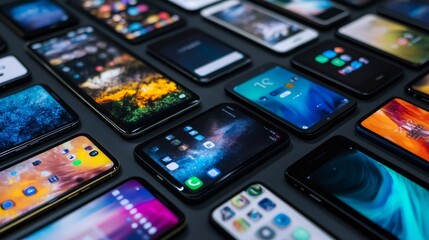 Multiple smartphones with different backgrounds and icons laid out on a dark surface.
