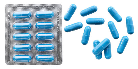 Blue medicine capsules in blister pack and remedy pills, pharmaceutical cure, antibiotics or painkillers isolated on transparent background