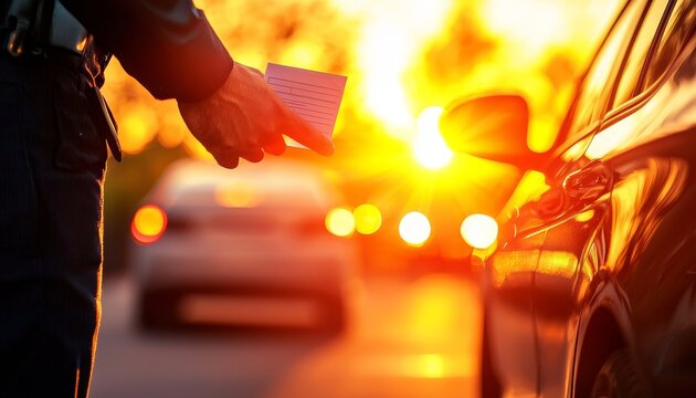 Police officer handing out a ticket for a minor act violation, representing deterrence, Act, Infraction punishment concept